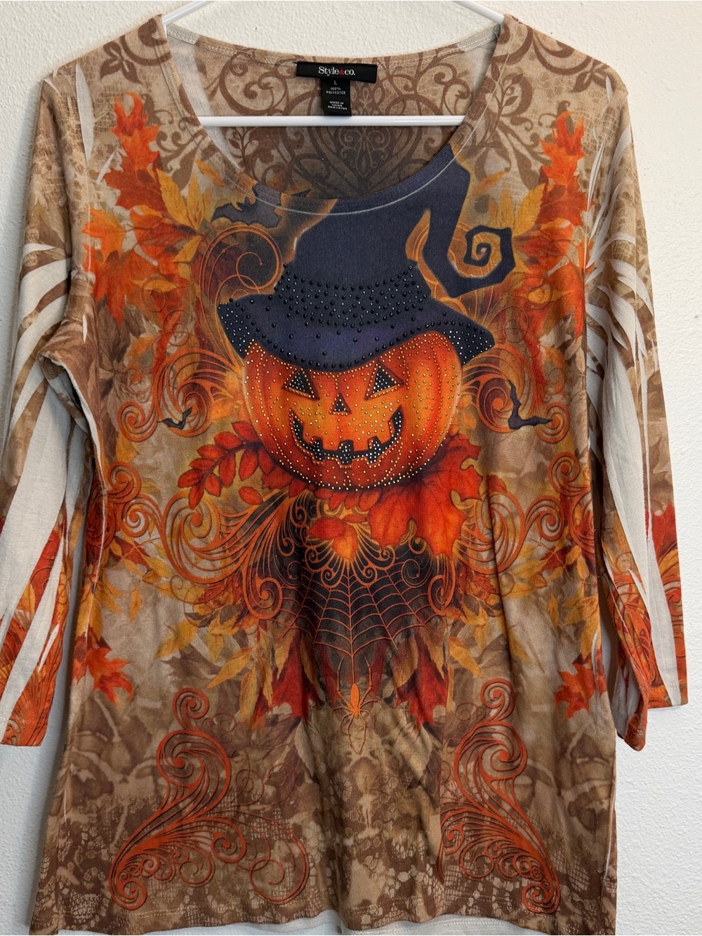 Style & Co. Women's Halloween Pumpkin Witch Hat Long-Sleeve Bling Top L